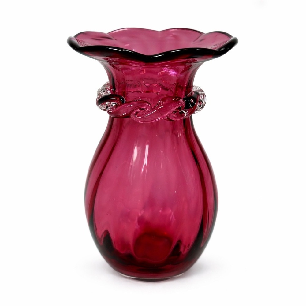 Vintage Cranberry Pink Art Glass Vase Ruffled Rim Clear Rigaree Optic Rib 6.5"